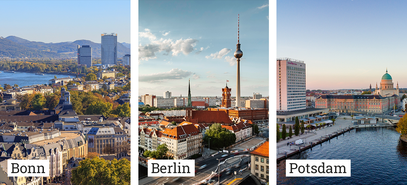 Die Collage zeigt die drei Standorte des Bundesrechnungshofes: Bonn, Berlin und Potsdam. Quelle: Adrian72/rotschwarzdesign/Rico Oder/stock.adobe.com, Montage: Bundesrechnungshof Die Collage zeigt die drei Standorte des Bundesrechnungshofes: Bonn, Berlin und Potsdam. Quelle: Adrian72/rotschwarzdesign/Rico Oder/stock.adobe.com, Montage: Bundesrechnungshof