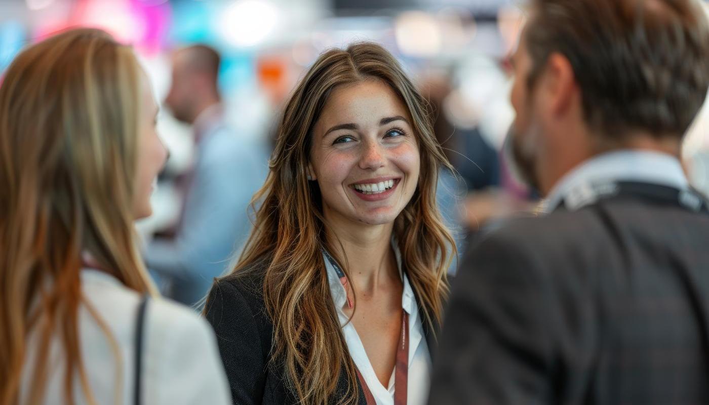 Eine junge Frau im Gespräch mit zwei weiteren Personen bei einer Jobmesse. Quelle: Surachetsh/stock.adobe.com. Eine junge Frau im Gespräch mit zwei weiteren Personen bei einer Jobmesse. Quelle: Surachetsh/stock.adobe.com.