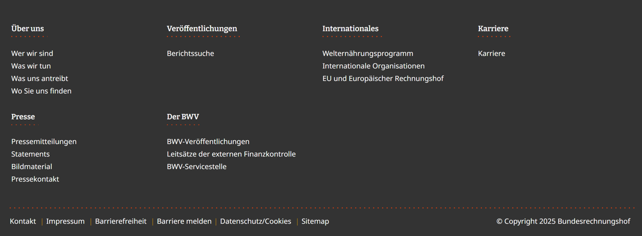 Der untere Bereich der Webseite des Bundesrechnungshofes Der untere Bereich der Webseite des Bundesrechnungshofes